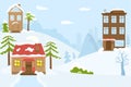 Winter holiday landscape with snow, vector illustration. Town house at christmas time, city street with home background Royalty Free Stock Photo