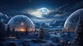 Winter holiday in a luxury modern glass igloo hotel with beautiful view on mountains, forest and night sky