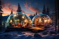 Winter holiday in a luxury modern glass igloo hotel with beautiful view on mountains, forest and night sky