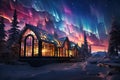Winter holiday in a luxury modern glass igloo hotel with beautiful view on mountains, forest and northern lights