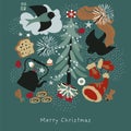 Greeting card with Christmas tree and birds. Royalty Free Stock Photo