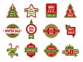 Winter holiday sales. Christmas badges or labels retail discount deals holidays special offers of new year vector Royalty Free Stock Photo