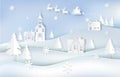 Winter holiday Santa and deer in village with snowflake. Christmas season paper art style illustration Royalty Free Stock Photo