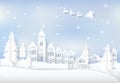 Winter holiday Santa and snow in city town blue sky background. Royalty Free Stock Photo