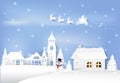 Winter holiday santa and snowman in city town blue sky background. Christmas season paper art style illustration. Royalty Free Stock Photo