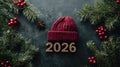 Winter holiday scene with red hat and 2026 new year celebration theme Royalty Free Stock Photo
