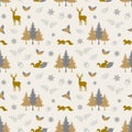 Winter holiday seamless repeat pattern with animal wildlife in the forest,traditional symbols for happy Christmas,celebrate party Royalty Free Stock Photo