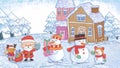 Winter Holiday Season Snowman Family, Santa, and Elk with Gift Crayon Drawing Royalty Free Stock Photo