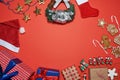 Winter holiday set of items on red background Royalty Free Stock Photo
