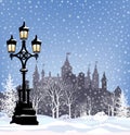 Winter holiday snow city background. Merry Christmas greeting ca Royalty Free Stock Photo