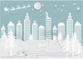 Winter holiday snow in city town background with santa, deer and tree. Christmas season paper art style illustration Royalty Free Stock Photo