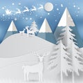 Winter holiday snow and mountain background with santa, deer and tree. Christmas season paper art style illustration Royalty Free Stock Photo