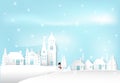 Winter holiday snow and snowman in city town blue sky background Royalty Free Stock Photo