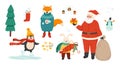 Winter holiday symbols bundle. Christmas celebration vector illustrations set. Santa Claus and cute animals isolated Royalty Free Stock Photo