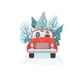 Winter holiday vector illustration. Happy man driving old red car. People ride the road on a winter tourist trip. Tree