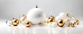 Winter holiday wallpaper. Festive white and gold Christmas ornaments and baubles. Empty glass snow ball White Christmas Royalty Free Stock Photo