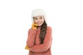 Winter holiday wonder. child fur hat isolated on white. cold winter weather. warm clothes and accessory fashion for kids