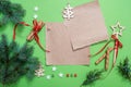 Winter holidays background. Gift wrapping and decorating christmas present, boxes in craft paper with satin silver ribbon. Top vie