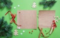 Winter holidays background. Gift wrapping and decorating christmas present, boxes in craft paper with satin silver ribbon. Top vie