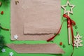 Winter holidays background. Gift wrapping and decorating christmas present, boxes in craft paper with satin silver ribbon. Top vie