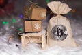 Winter holidays background: the sack with bitcoins.