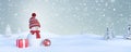 Winter Holidays background with a snowman, Gifts, snow and snowflakes 3d render