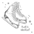 Winter holidays card with ice skates cartoon sketch. Hand draw vector illustration Royalty Free Stock Photo