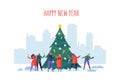 Winter Holidays in the City. New Year and Christmas Party on Cityscape with Flat People Characters Celebrating Royalty Free Stock Photo