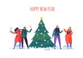 Winter Holidays in the City. New Year and Christmas Party with Flat People Characters Celebrating with Xmas Tree Royalty Free Stock Photo