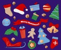 Winter holidays clipart on purple background. Christmas or New Year icons in flat style. Royalty Free Stock Photo