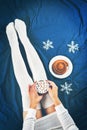 Winter holidays Flatlay with woman`s legs, cocoa with marshmallow, Christmas toys and baking