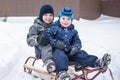 Winter holidays fun. Two boys have together sliding on a pleasant day