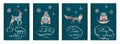 Winter holidays greeting cards collection, set of seasonal poster design template with cute forest animals wearing clothes,