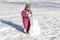 Child in winter suit doing snowman