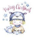 Winter holidays illustration. Watercolor kitty and little boy with a cup of hot drink. New Year card. Merry Christmas.