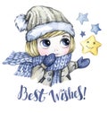 Winter holidays illustration. Watercolor little boy looks at the stars. New Year card. Words Best Withes.