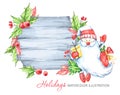 Winter holidays illustration. Watercolor wooden frame with Santa Claus. Royalty Free Stock Photo