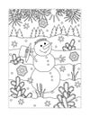 Coloring page with snowman walking outdoor