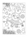 Coloring page with owl decorating christmas tree