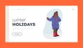 Winter Holidays Landing Page Template. Toddler Playing on Street at Wintertime, Child Enjoying First Snow Illustration