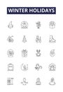 Winter holidays line vector icons and signs. Snow, Yuletide, Vacation, Skiing, Sledding, Sleigh, Gifts, New Year outline