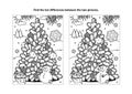 Find the differences visual puzzle and coloring page with christmas tree, snowman, gift