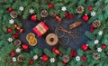 Christmas dark grunge background, fir twigs, top view. Royalty Free Stock Photo