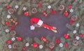 Christmas dark grunge background, fir twigs, top view. Royalty Free Stock Photo