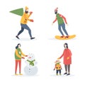 Winter holidays outdoor activities. Young man carries Christmas tree, woman with child, girl sculpts snowman, snowboarder.