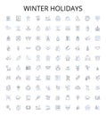 Winter holidays outline icons collection. Christmas, New Year, Snow, Skiing, Reindeer, Elves, Sleigh vector illustration