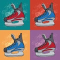 Winter holidays pattern with ice skates cartoon sketch. Red and blue Ice hockey skates. Vector illustration with sports equipment