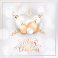 Winter Holidays Postcard, Merry Christmas Card with Xmas Balls and Confetti. Festive Decoration in White and Gold Colors Royalty Free Stock Photo