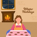 Winter Holidays Poster Design With Faceless Female Baker Presenting Cookies Tray And Fireplace Arch Against