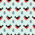 Winter holidays seamless pattern with cartoon bullfinch in hat